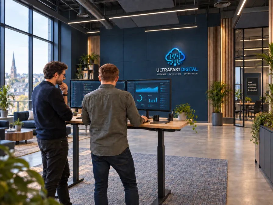 Two Ultrafast Digital developers reviewing a dashboard build in the studio
