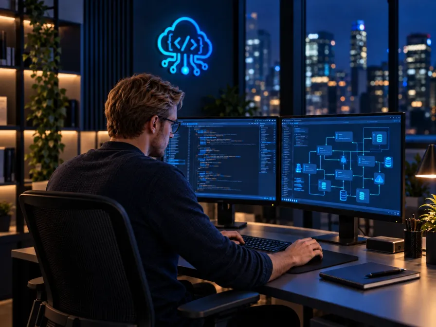 An Ultrafast Digital developer focused on a system architecture diagram at night